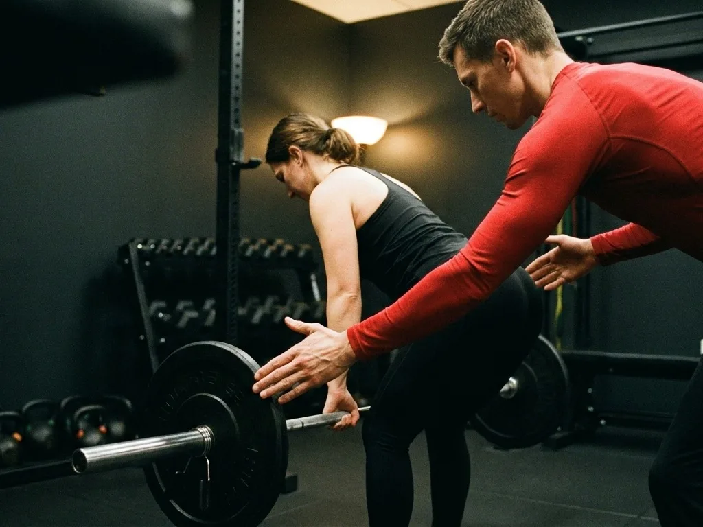 A coach guiding a client's bar path hands-on through a barbell hinge