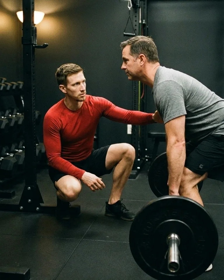 A coach crouched at eye level with the bar, coaching a client through a barbell deadlift in an otherwise empty studio