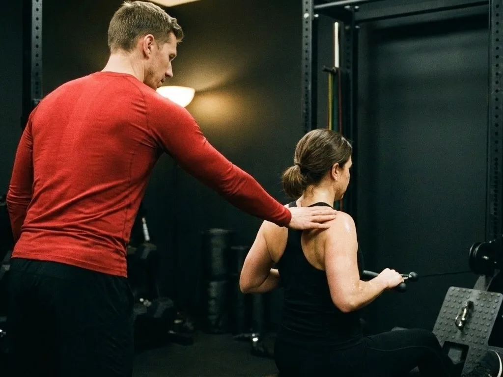 A coach with a flat hand on a client's upper back, coaching her through a set of cable rows