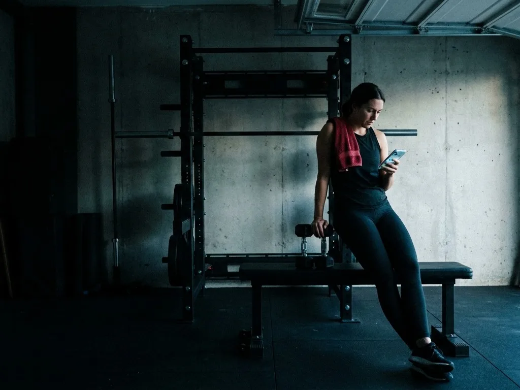 A woman in a home garage gym checking her next set on her phone between rounds