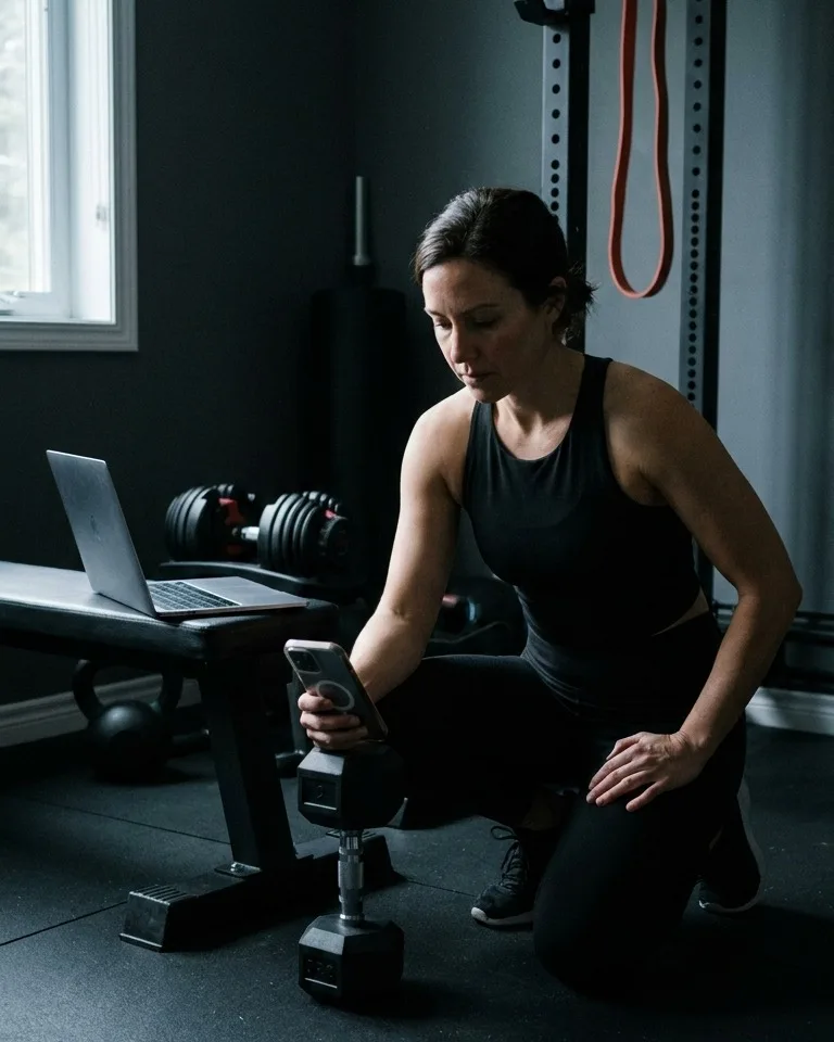 A woman kneeling in her home gym reading her workout from her phone, dumbbells and a bench beside her