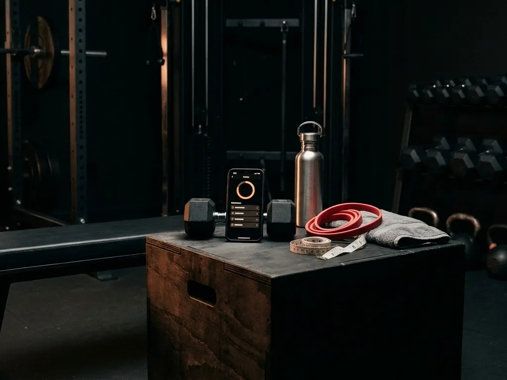 A phone propped against a dumbbell showing a training app, beside a water bottle, resistance band and measuring tape