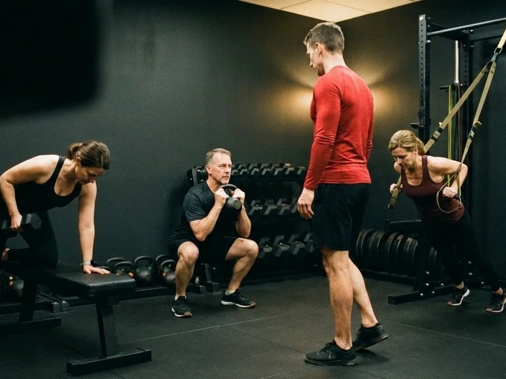 Three clients training at the same time in the studio, each on a different exercise, with a coach watching the room
