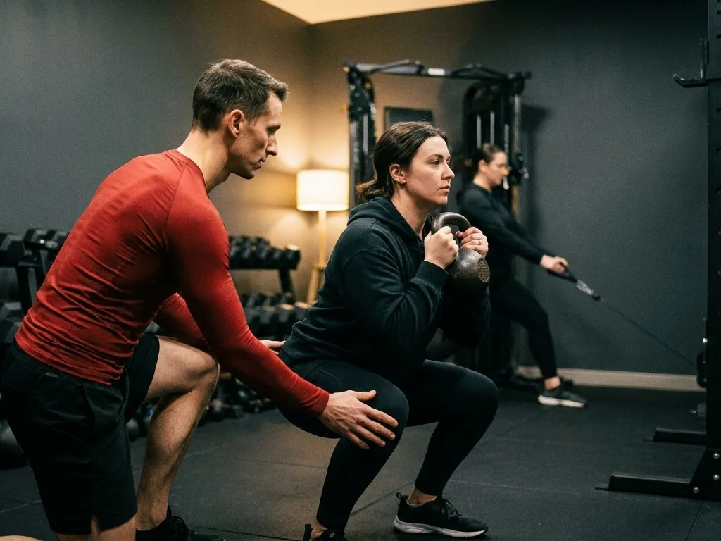 A coach kneeling beside a client at the bottom of a goblet squat while another client works the cable machine