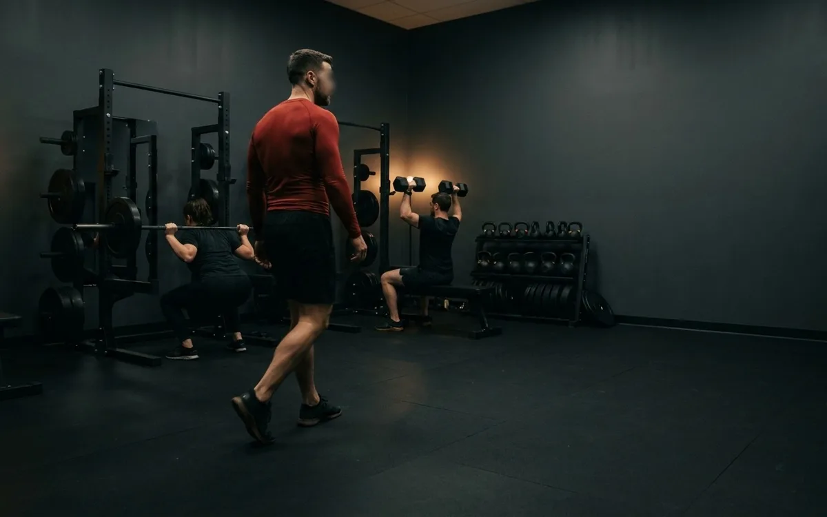 A coach crossing the studio floor mid-session while two clients train — one under the bar in the squat rack, one pressing dumbbells on a bench