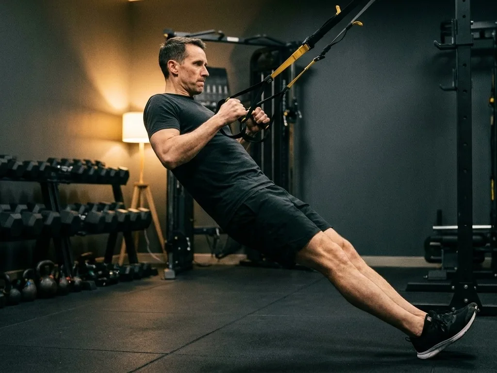 A client leaning back on suspension trainer handles mid-row, body in a straight line, straps anchored overhead